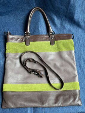 NWT Capoverso Italian Leather & Suede Tote Bag Brown Green Striped Made in Italy